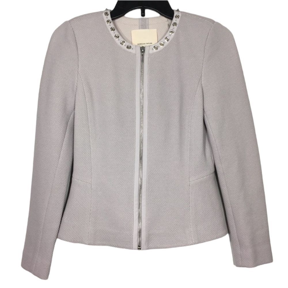 Rebecca Taylor Light Gray Embellished Collar Zip Jacket